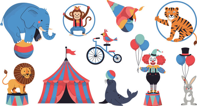 Vibrant circus animal and performer illustrations