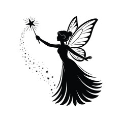 Fototapeta premium Graceful Silhouette Illustration A Black Vector Design of a Fairy with a Wand Casting Stars A Delicate and Artistic Image for Creative Designs