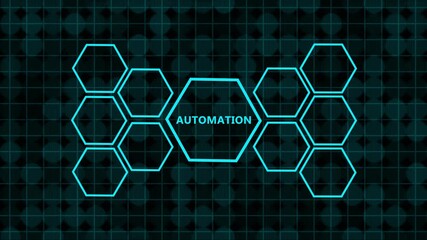 Digital concept of business automation process flow with interconnected hexagonal icons representing ideas, teamwork, goals, finance, analysis, and support on a dark green digital grid background - Powered by Adobe