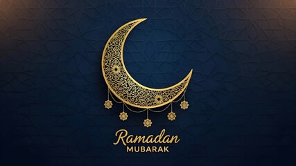 Ornate Golden Crescent Moon: Intricate floral pattern on moon silhouette with hanging star charms, dark navy textured background, Ramadan Mubarak, Islamic art and faith concept