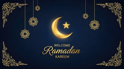 Welcome Ramadan Kareem Backdrop: Golden crescent moon and star, ornate hanging circular ornaments, dark blue background with corner scrolls, luxury Islamic invitation concept