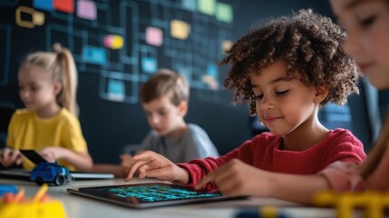 Young female student with curly hair intently focuses on an interactive digital tablet screen displaying glowing blue code or graphical elements during a modern technology or coding class activity wit
