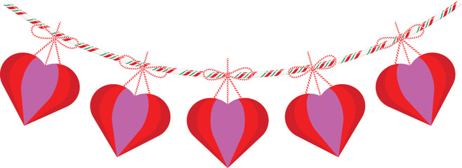 Festive red and pink hearts garland hanging on a candy-striped string against a white background Vector, illustration