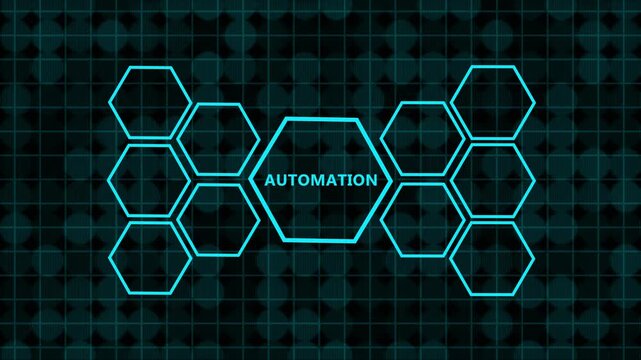 Digital concept of business automation process flow with interconnected hexagonal icons representing ideas, teamwork, goals, finance, analysis, and support on a dark green digital grid background