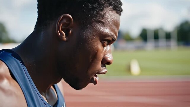 Intense male athlete in profile sweat dripping from his face focused on a track and field competition demonstrating determination and peak physical performance