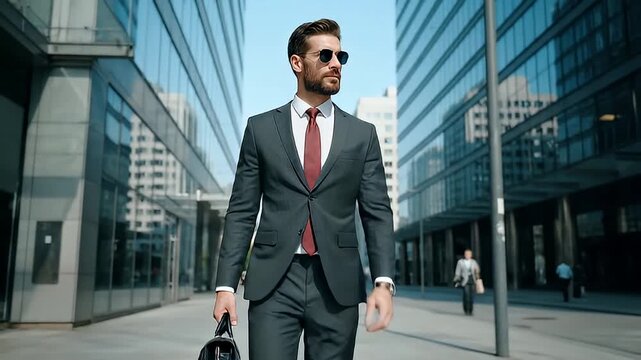 Confident Businessman Walking Through Modern City Streets.