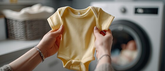 Female hands hold a yellow onesie shirt near a washing machine in a laundry room during a bright day with soft light