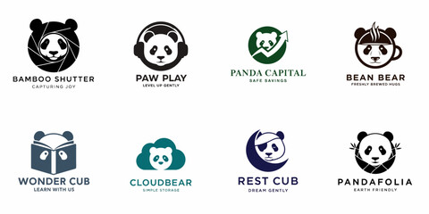 A collection of eight creative vector logo designs featuring panda bears integrated with various concepts like photography, finance, coffee, and education. © Andres