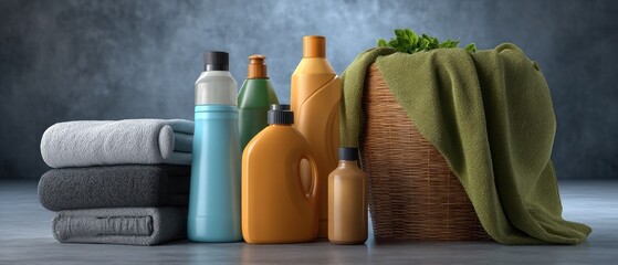 Colorful bottles of cleaning supplies and laundry products displayed on a blue background with a green basket full of towels arranged neatly