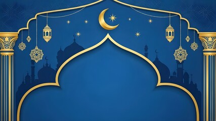 Elegant Blue Islamic Frame: Golden pointed archway with hanging lanterns and stars, mosque silhouettes on blue patterned background, pillars, Ramadan and Eid invitation concept