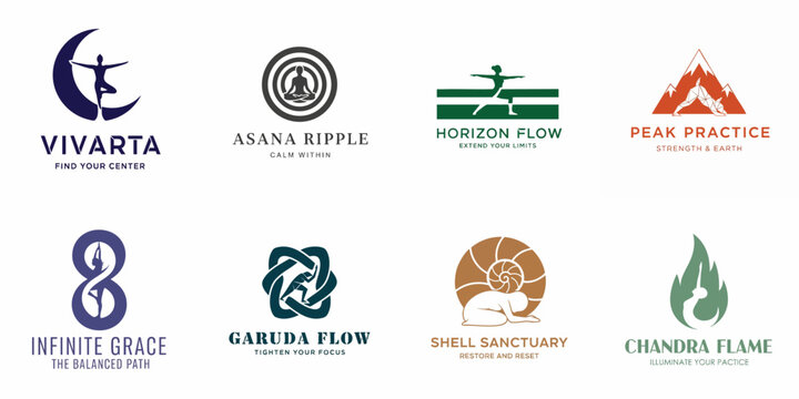 Set of 8 modern yoga and wellness logos featuring silhouettes, nature symbols, and abstract design elements on a white background.