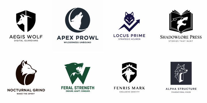 Eight powerful wolf mascot logos set, showcasing modern, monochrome vector branding concepts for identity, security, wildlife, and strategic growth businesses.