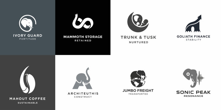 A collection of eight professional, monochromatic elephant and mammoth logo designs representing various industries like finance, storage, logistics, coffee, and security branding concepts.