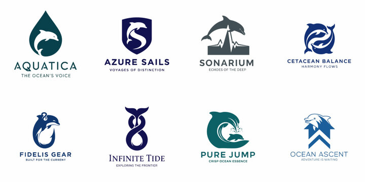 Vector collection of modern dolphin logos and marine emblems in blue and teal for branding, featuring water drops, waves, and cetaceans