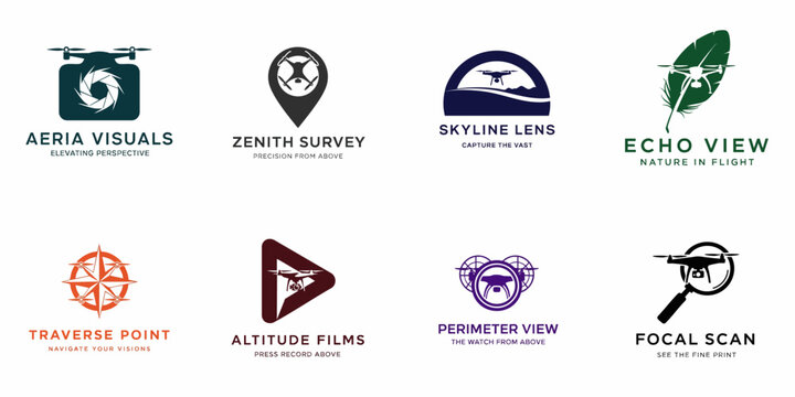 A collection of eight professional drone, aerial photography, and survey business logos, featuring icons like cameras, map pins, feathers, and compasses.