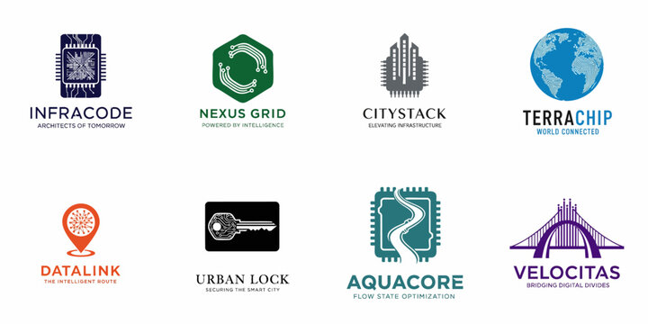 A collection of professional logo designs for smart city, technology, infrastructure, data, and connectivity companies, featuring chip, globe, building, and bridge motifs.