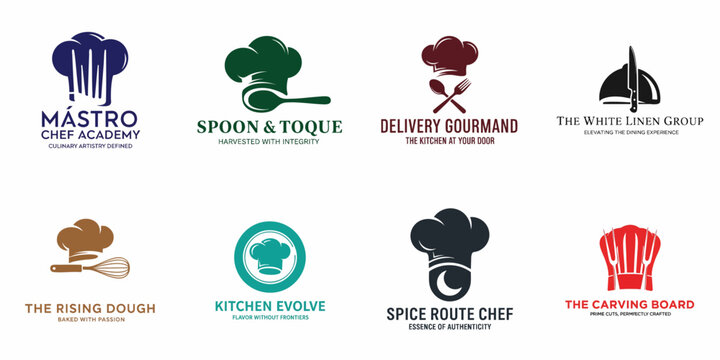 Eight diverse culinary logo designs featuring chef hats, kitchen utensils, and food service icons, suitable for catering, restaurants, and cooking academies.