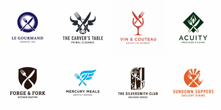 A collection of eight diverse and professional logo design concepts for restaurants, catering, and culinary brands featuring modern stylized cutlery icons.