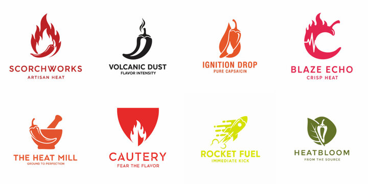 A vibrant collection of eight modern chili pepper and heat-themed logo designs, perfect for branding spicy food products, hot sauce, and flavor ingredients.