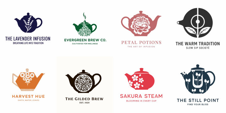Minimalist collection of eight floral and herbal tea brand logo concepts featuring teapots filled with flowers and leaves on a white background.