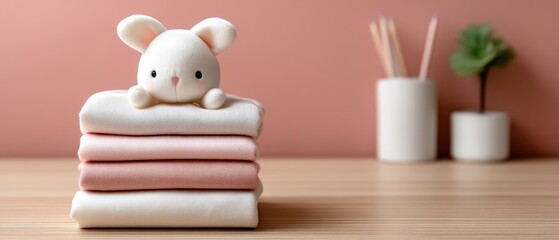 Stuffed toy rabbit with folded baby clothes on a wooden table in a soft setting with pink background and room for text