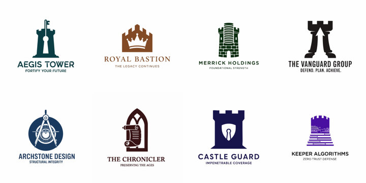 A collection of eight professional vector logos featuring stylized castle towers, bastions, and fortresses, symbolizing security, defense, foundation, and corporate strength.