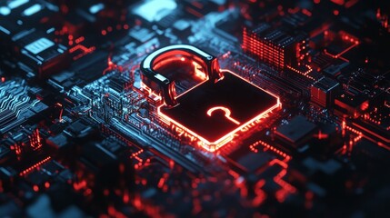 Glowing red holographic padlock icon illuminates a complex dark circuit board creating an intense visual metaphor for digital security threats and urgent system vulnerability requiring immediate authe