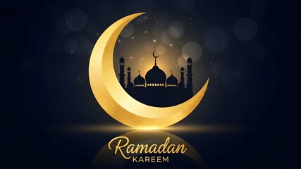 Ramadan Kareem Golden Moon: Large glowing crescent moon with mosque silhouette inside, bokeh background with starlight, festive Islamic greeting, religious holy month celebration concept