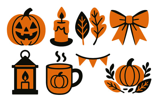 Brutalist Pumpkin Icons. Festive Pumpkins silhouette set: carved jack-o-lantern, glowing candle, decorative leaves, ribbon bow, lantern, cozy mug, garland, pumpkin centerpiece