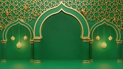 Islamic Podium Stage Display: Green room with ornate arches and geometric patterns, hanging golden lanterns, fluted columns, Ramadan and Eid Mubarak product showcase concept