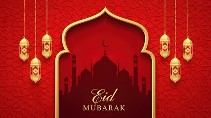 Eid Mubarak Red Greeting: Golden ornate arch with mosque silhouette, hanging filigree lanterns, red geometric pattern background, Islamic religious festival, holy celebration concept