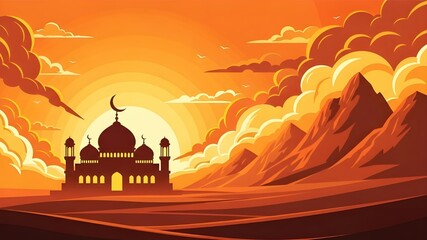 Sunset Mosque Desert Landscape: Silhouette of masjid architecture against massive sun, dramatic orange clouds and mountains, Islamic heritage travel, religious peace and Ramadan concept