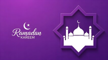 Ramadan Kareem Purple Greeting: White mosque silhouette, octagonal frame, crescent moon, star, minimal elegant design, Islamic religious holiday, spiritual celebration flyer concept