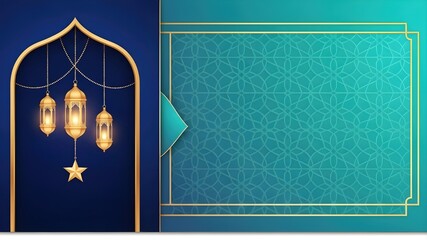 Islamic Ramadan Banner Background: Golden lanterns, hanging star, arch frame, turquoise geometric pattern, blue elegant border, Arabic ornament, spiritual religious celebration concept