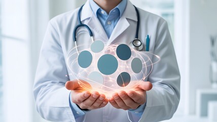 Doctor presenting glowing digital health interface in modern clinic