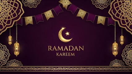 Ramadan Kareem Luxury Background: Gold glitter crescent moon, hanging lanterns, purple bunting flags, arabesque mandala patterns, dark violet, Islamic celebration, festive invitation concept