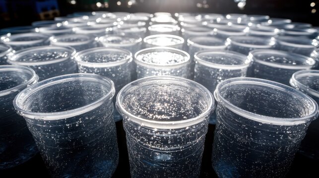 Rows of identical clear plastic water containers filled with refreshing liquid and small bubbles catching the sunlight