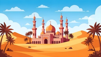 Desert Mosque Landscape Illustration: Pink masjid building, sand dunes, palm trees, blue sky, fluffy clouds, minarets and domes, Middle East, Arabic architecture, travel and Ramadan concept
