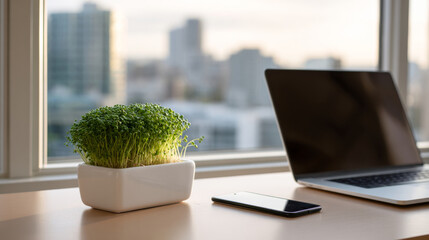 Modern workspace with green plant, smartphone, and laptop on desk near window overlooking cityscape in soft natural light
