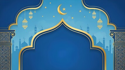 Islamic Blue Arch Frame: Elegant gold border, hanging lanterns, crescent moon and stars, mosque silhouette background, ornamental Arabic design, Ramadan Kareem greeting concept