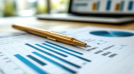 Golden luxury pen resting gently upon printed business performance reports featuring bright blue bar graphs and circular data visualizations indicating financial review or analytical strategy in an of