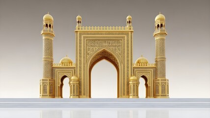 Grand Golden Mosque Portal: Ornate Arabic architecture with domes and minarets, intricate geometric patterns, white marble floor, Islamic heritage, religious landmark and Ramadan concept