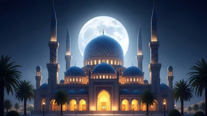 Majestic Mosque at Night: Large blue and gold domes, minarets, full moon in starry sky, symmetrical architecture, palm trees, Islamic prayer center, Ramadan concept