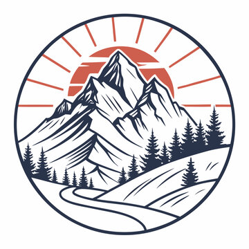 Mountain Peak Emblem Flat Vector Circle Icon