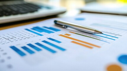 Close-up image showcases a metallic silver pen resting on printed financial documents displaying colorful bar graphs and data tables indicating business performance analysis or strategic planning revi