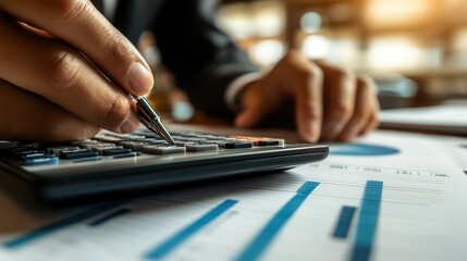 Professional accountant meticulously calculating business expenses and analyzing financial charts using a calculator while working diligently in a softly lit office environment during the day.