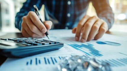 Close up of a focused financial analyst wearing a blue plaid shirt calculating expenditures using a calculator while reviewing detailed business reports displaying various bar graphs and pie charts fo
