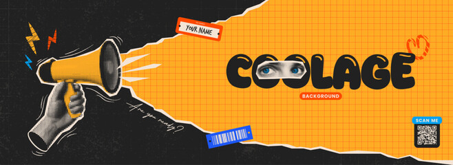 Dynamic collage-style background with halftone textures, loudspeaker, bold lettering, barcodes, eyes, and torn paper. Perfect for presentations, youth marketing, school promo or posters. © katyaskrn