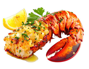 A perfectly cooked lobster tail with lemon and parsley, ready to be eaten