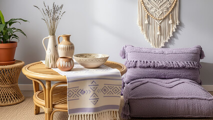 Afrobohemian home decor featuring lavender tones and cozy rattan furniture in a serene space